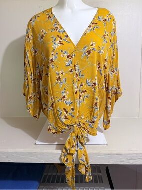 AFF Mustard Floral V-Neck Tie-Front Blouse